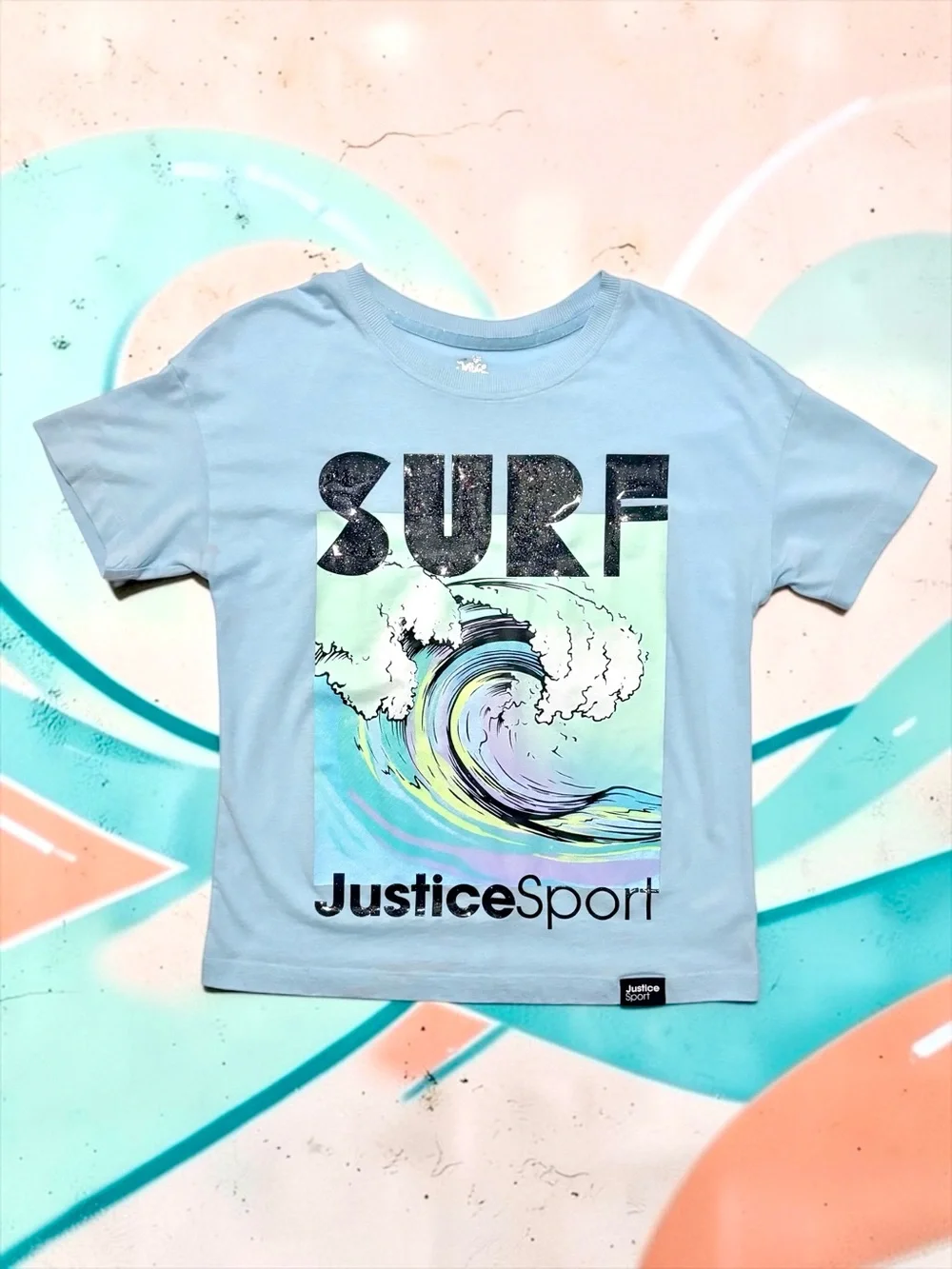 Justice Sport “SURF” Tee – Light Blue, Girls Large (12–14), EUC